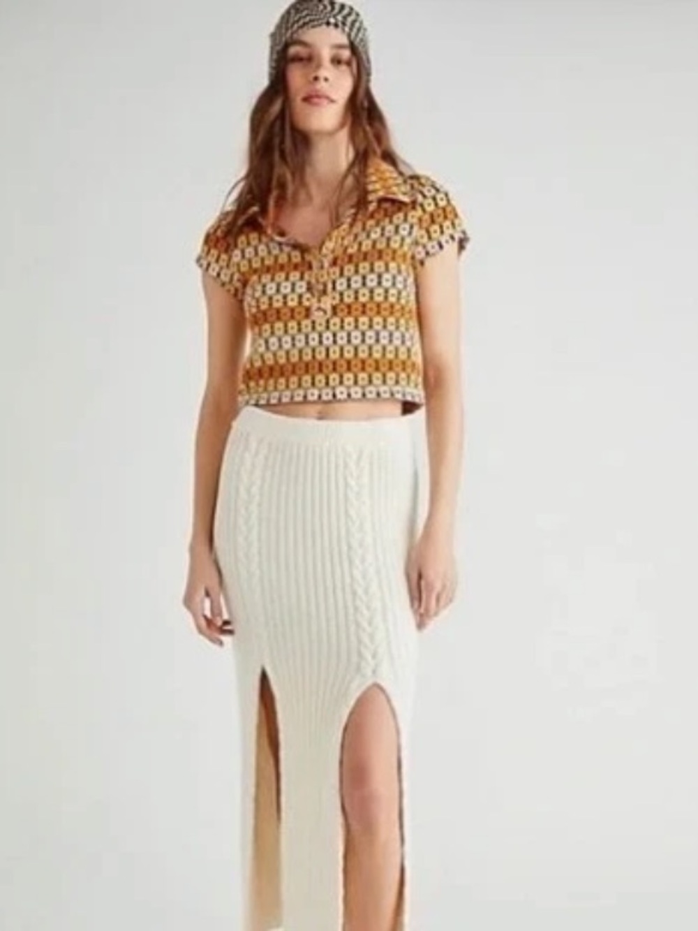 Free People Retro Floral Knit Crop Polo women’s size small boho Y2K festival